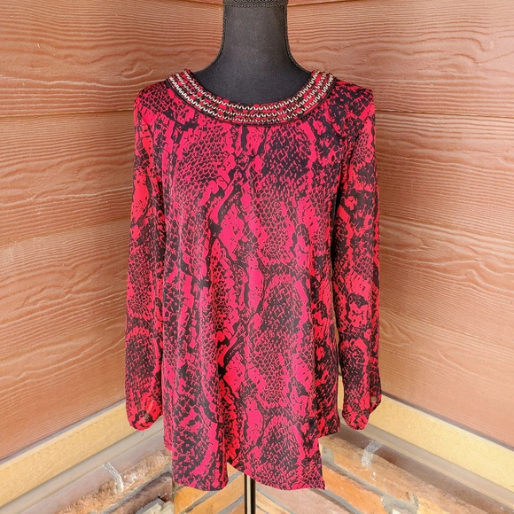 Alfani Red and Black Snakeskin Print Long Sleeve Blouse Size Medium - Picture 1 of 9